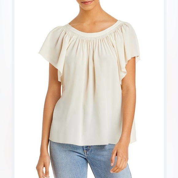 Rebecca Taylor Tops - Rebecca Taylor Ruched Tie Back Short Sleeve 100% Silk Top, Cream, Size L